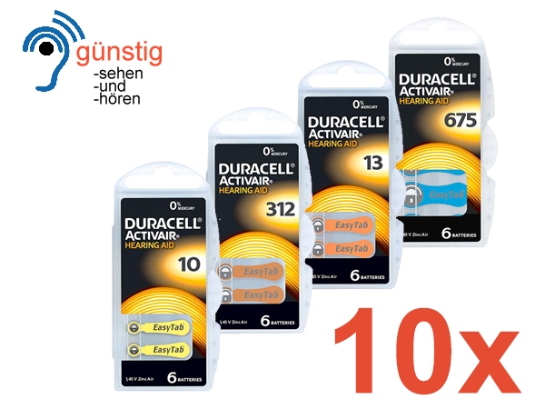 Duracell Hörgeräte Batterien 10 Pack 60 Batterien  Typ 10 - 13 - 312 oder 675 -